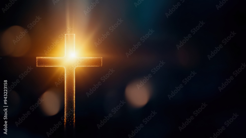 A glowing cross illuminated by light, symbolizing faith and spirituality in a serene setting. A glowing cross illuminated by light, symbolizing faith and spirituality in a serene setting.