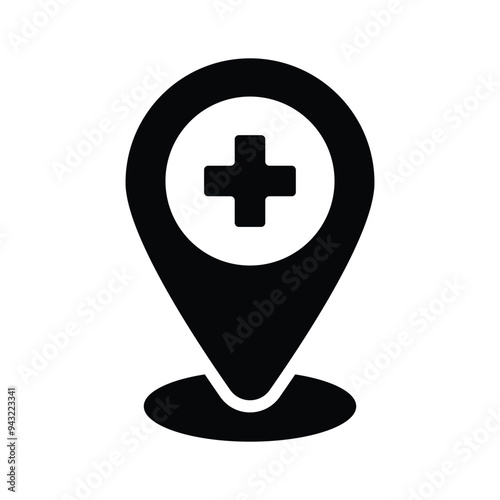 Medical sign inside map pin denoting concept icon of hospital location