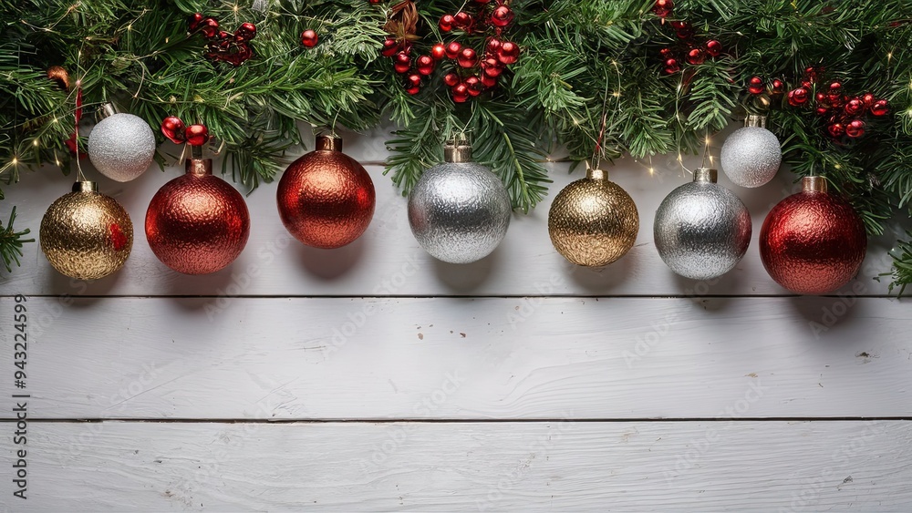 Christmas ornaments on white wooden background Christmas ornaments on white wooden background