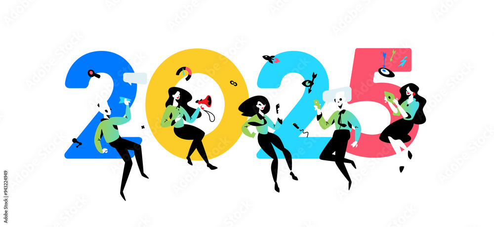 Office staff are preparing to meet the new year 2025.  Cartoon characters repair the numbers. Image is isolated on white background. Flat illustration for banner and site.