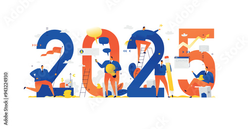 Office staff are preparing to meet the new year 2025. Vector illustration. Cartoon characters repair the numbers. Image is isolated on white background. Flat illustration for banner and site.