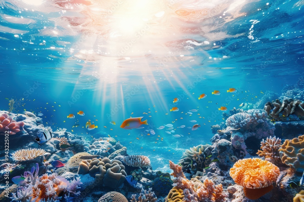 Underwater - Blue Tropical Seabed With Reef And Sunbeam. Beautiful simple AI generated image Underwater - Blue Tropical Seabed With Reef And Sunbeam. Beautiful simple AI generated image