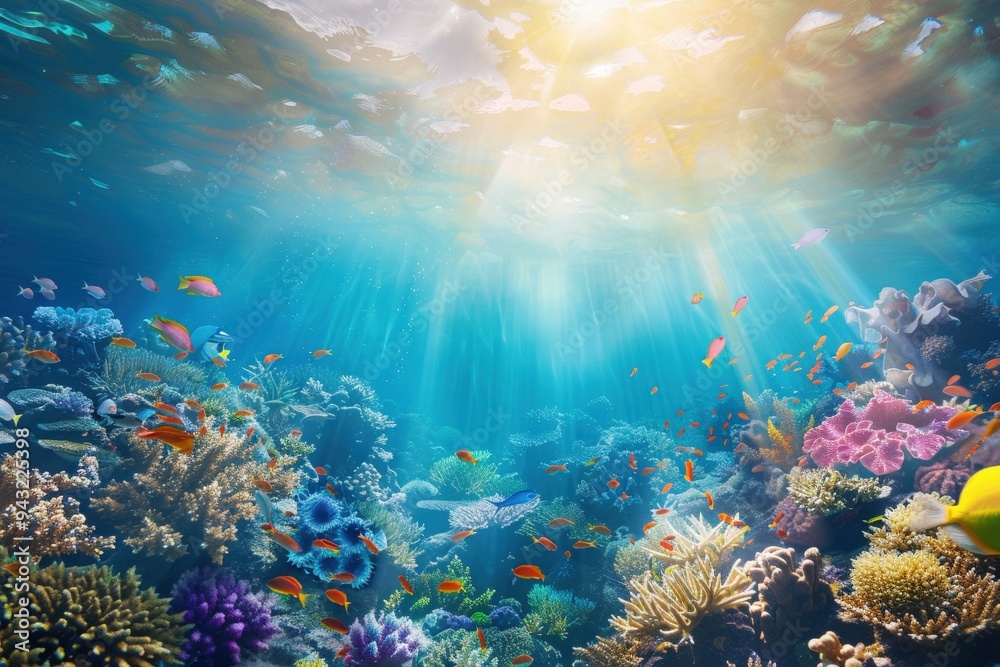 Underwater - Blue Tropical Seabed With Reef And Sunbeam. Beautiful simple AI generated image