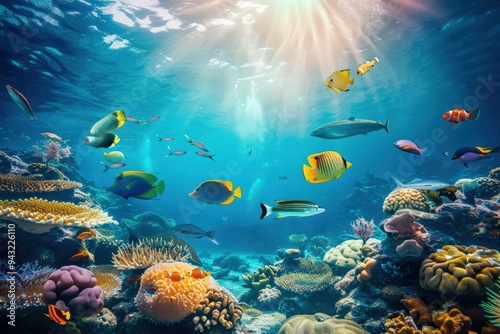 Underwater - Blue Tropical Seabed With Reef And Sunbeam. Beautiful simple AI generated image