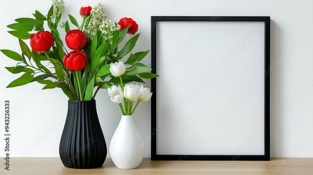 A black vase with red flowers sits next to a white vase with white flowers. The empty vase is placed on a wooden table A black vase with red flowers sits next to a white vase with white flowers. The empty vase is placed on a wooden table