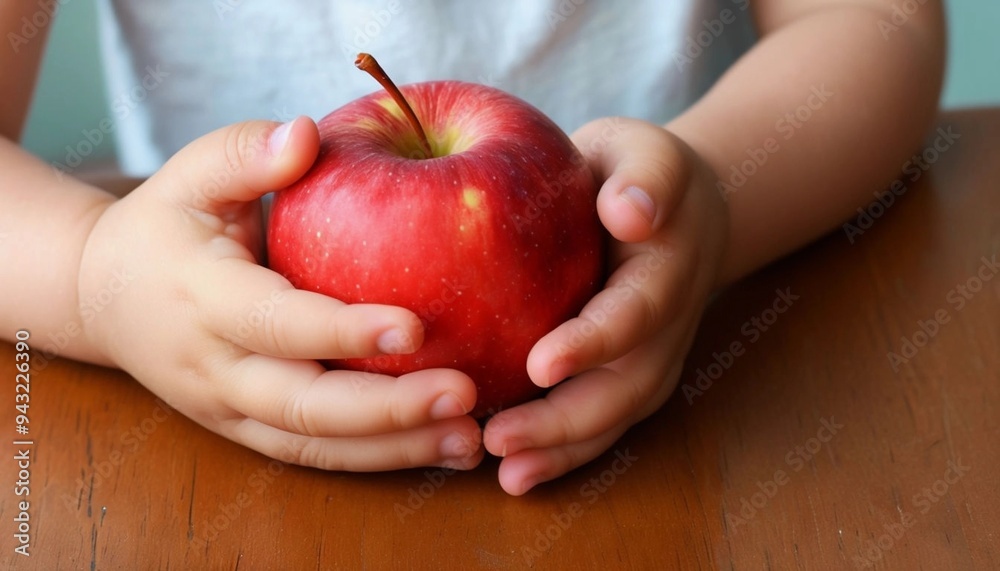 Human hands of a child holding ripe red apple over the table Human hands of a child holding ripe red apple over the table