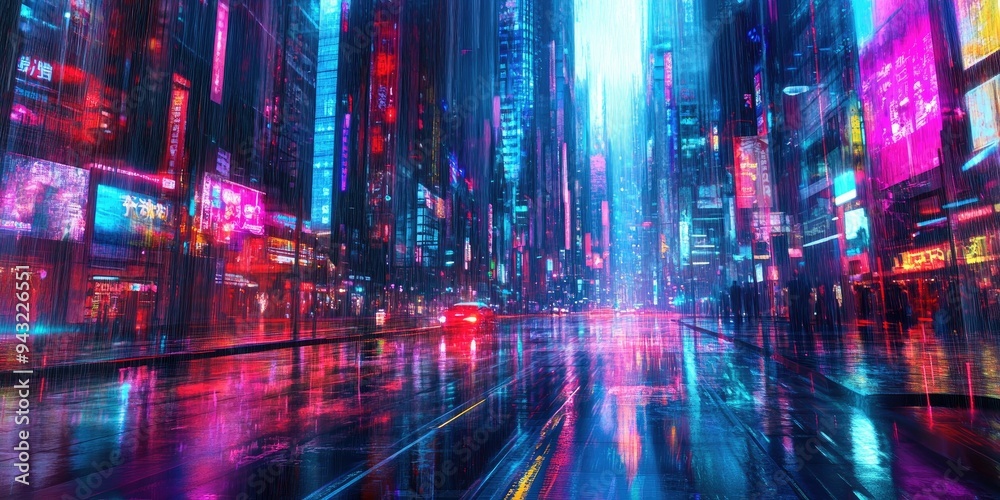 Obraz premium Rainy city street with neon lights reflecting on wet pavement.