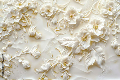 Fototapeta Naklejka Na Ścianę i Meble -  AI generated illustration luxury white wall design bas-relief animal and flowers decor element