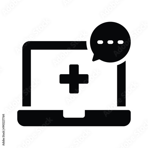 Icon of a laptop with a medical symbol and chat bubble, indicating online healthcare consultation