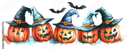 Festive watercolor clip art of Halloween pumpkins in witch hats with bats flying around.