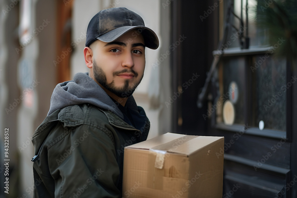 Delivery service in work, courier person guy delivering package straight to client house, Generative AI Delivery service in work, courier person guy delivering package straight to client house, Generative AI