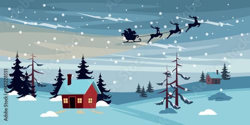 Vector illustration of a beautiful winter landscape. Cartoon landscape scene with mountains, houses, Christmas trees, snowdrifts,snowflakes,silhouettes of Santa Claus on a sleigh with deer in the sky.