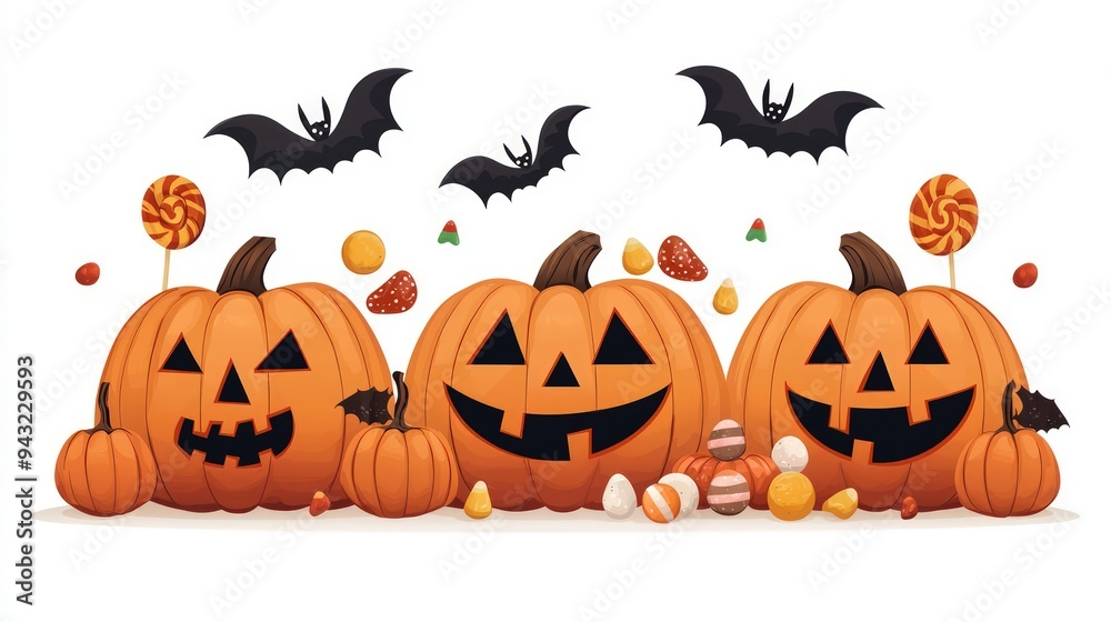 Cheerful Halloween vector with pumpkin faces, candies, and bats, isolated white. Cheerful Halloween vector with pumpkin faces, candies, and bats, isolated white.