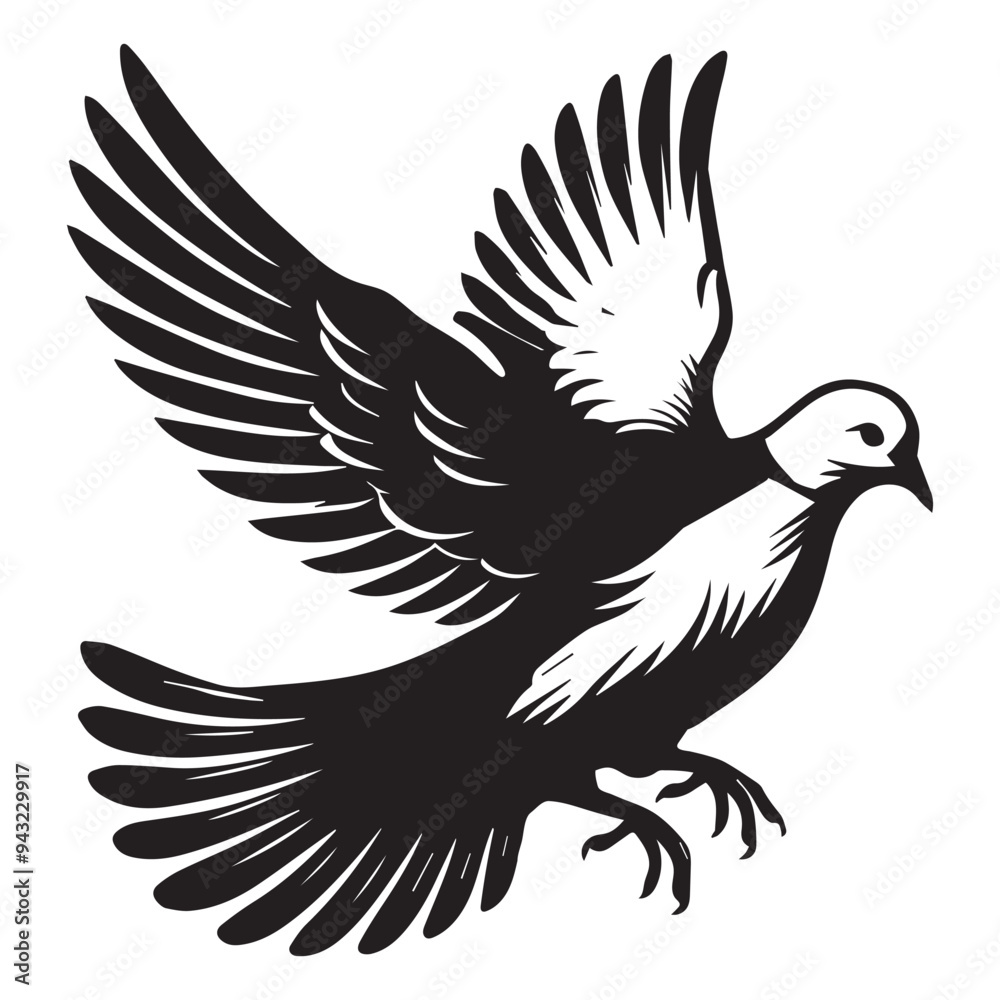 Fototapeta premium Streptopelia Decaocto Clipart - Eurasian collared Dove Silhouette - Eurasian collared dove in mid-flight Illustration in black and white