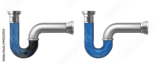 Clogged and clean drain pipes set isolated on white background. Vector realistic illustration of metal tube with clear blue water and drainage dirt, plumbing service ads, household detergent effect