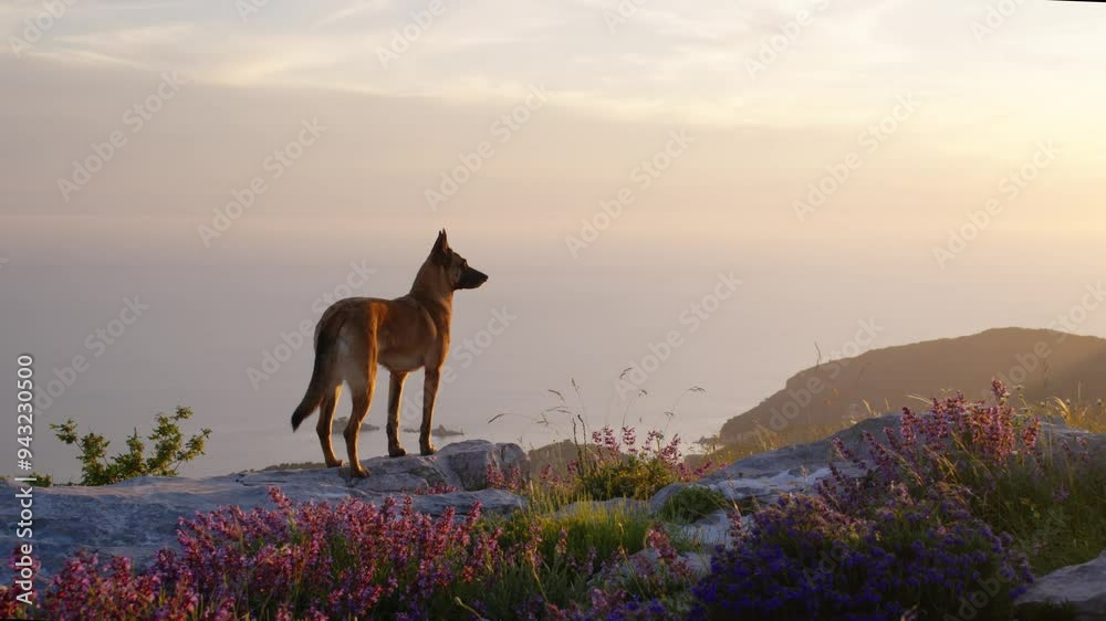A Belgian Malinois stands on a flower-covered hill, gazing at the sunset in a serene setting. A Belgian Malinois stands on a flower-covered hill, gazing at the sunset in a serene setting.