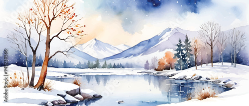 Snow river landscape in watercolor1