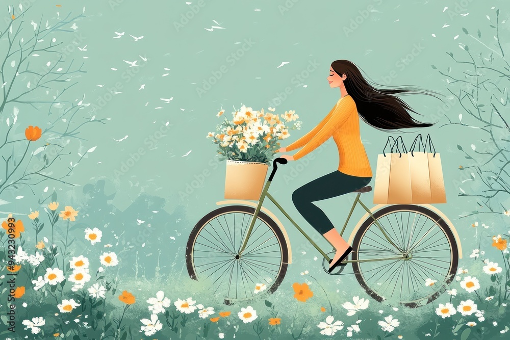Lady in orange sweater biking with flowers and bags Lady in orange sweater biking with flowers and bags