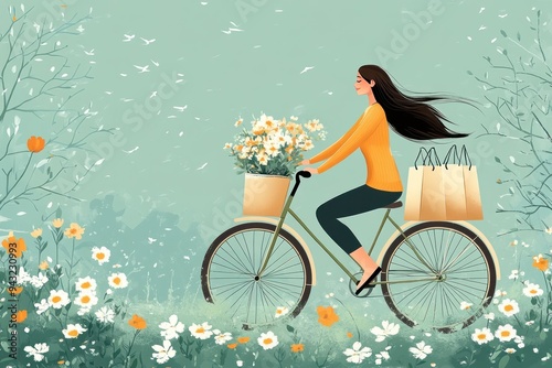 Lady in orange sweater biking with flowers and bags