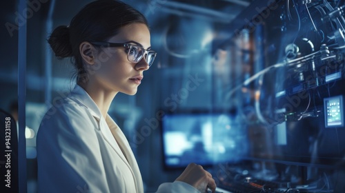 Female engineer wearing safety glasses and a lab coat, 