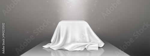 Surprise box covered with white silk cloth. Vector realistic illustration of secret gift package hidden under satin fabric, shimmering particles flying in air, product presentation on glossy pedestal