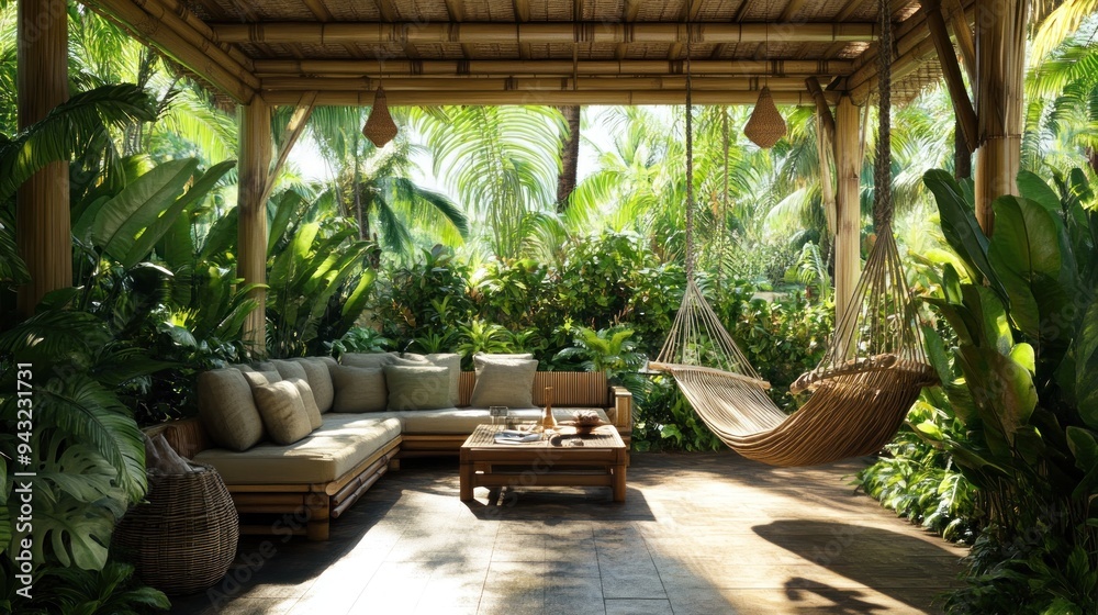 Tropical Patio with Hammock and Sectional Sofa Tropical Patio with Hammock and Sectional Sofa