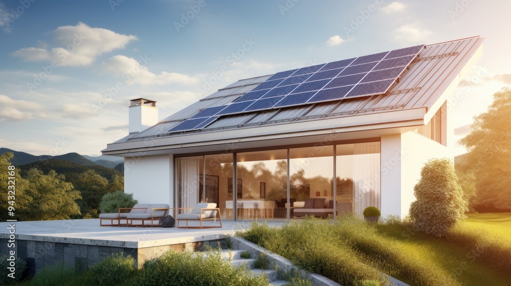 High-efficiency solar panels covering the gable roof High-efficiency solar panels covering the gable roof