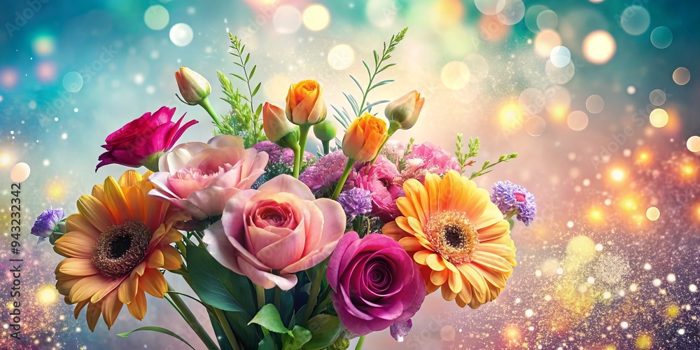Vibrant floral bouquet with sparkling glitter accents on petals and stems, arranged in a delicate, whimsical composition against a soft, pastel-colored backgrounds. Vibrant floral bouquet with sparkling glitter accents on petals and stems, arranged in a delicate, whimsical composition against a soft, pastel-colored backgrounds.