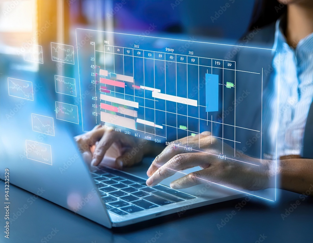 Concept of project management featuring a gantt chart icon and a project manager using a computer Concept of project management featuring a gantt chart icon and a project manager using a computer
