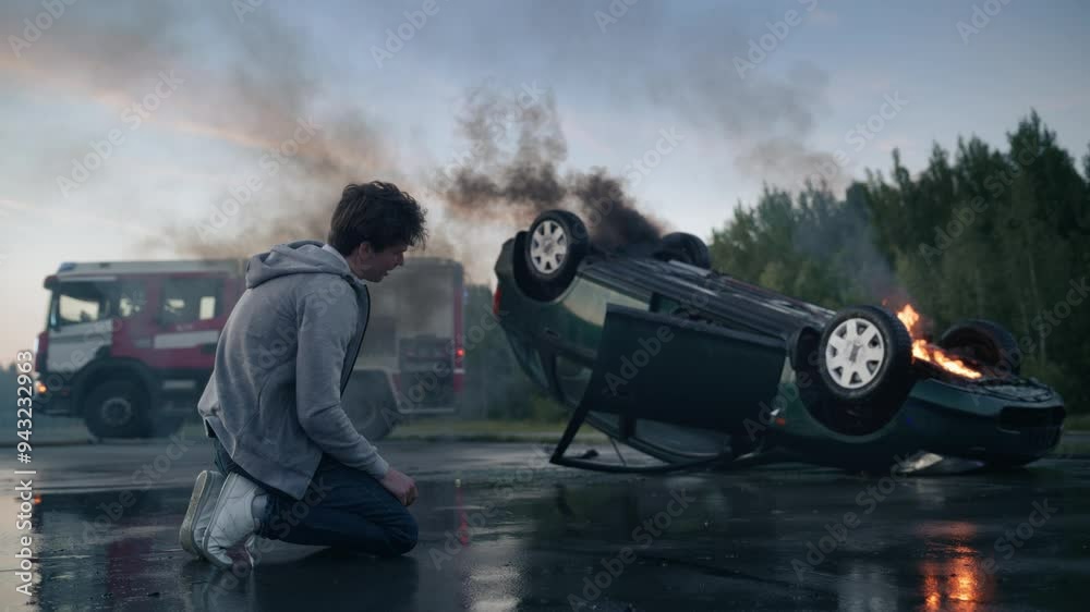 Distressed Young Driver Sitting on the Side of the Road, Crying, Can't ...