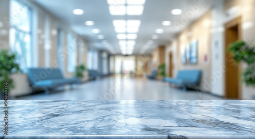 Marble Tabletop with Blurred Hospital Interior Background