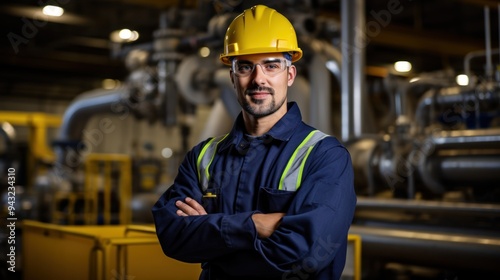 Male engineer wearing a safety helmet and work attire standing confidently in front of large industrial machinery, 