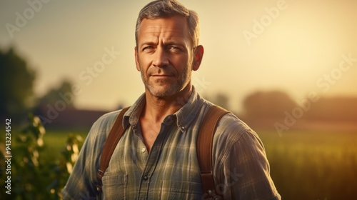 Male farmer with rugged attire and a welcoming smile faces the camera,  photo