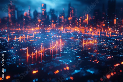 Illustration of a stock market and fintech forex concept. Blurred blue charts over a dark blue background. Futuristic financial interface. Double exposure over a city.