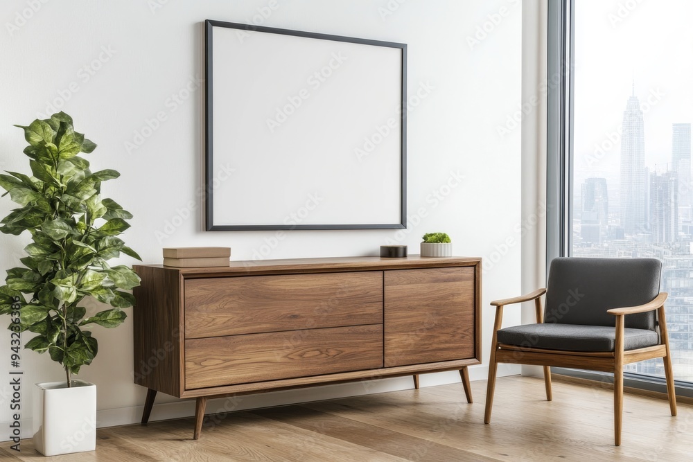 The poster shows a living room interior with armchairs and sofas near the window, in light colors The poster shows a living room interior with armchairs and sofas near the window, in light colors
