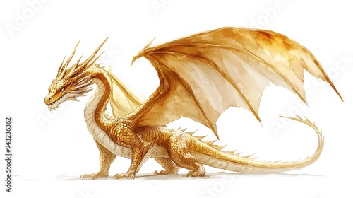 Illustration of a golden fantasy dragon with wings spread and tail whipping, oozing grandeur photo