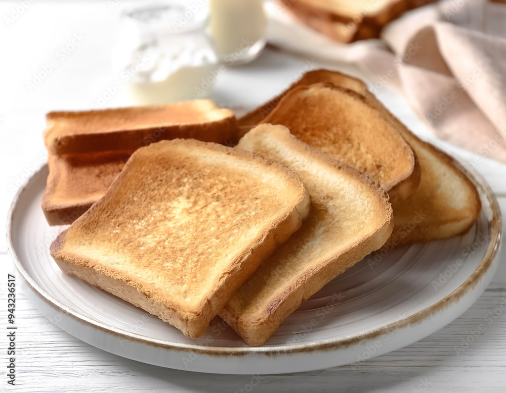 Delicious toasted bread slices on white wooden table, closeup Delicious toasted bread slices on white wooden table, closeup