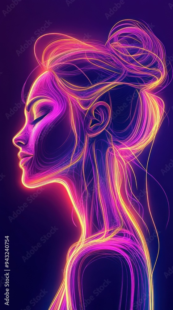 Artistic neon side profile of woman with tied hair Artistic neon side profile of woman with tied hair