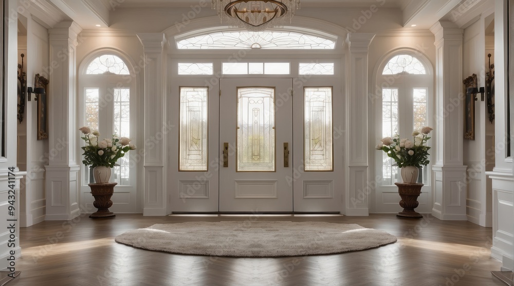 White Double Door Entryway with Arched Windows and Floral Arrangements White Double Door Entryway with Arched Windows and Floral Arrangements