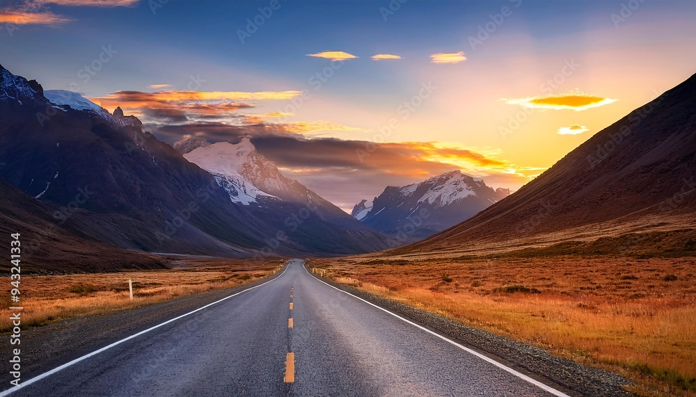 Sunset over the road. image depicts a deserted road nestled amidst the mountains at sunset. Sunset over the road. image depicts a deserted road nestled amidst the mountains at sunset.