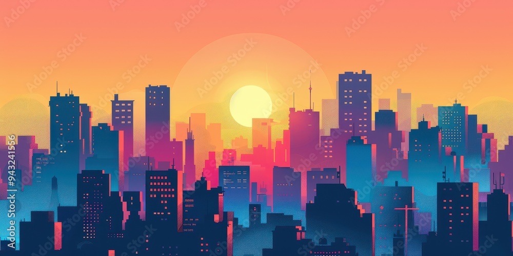 Trendy minimalistic cityscape poster showcasing a vibrant sunset over a modern urban skyline with silhouette buildings and colorful hues Trendy minimalistic cityscape poster showcasing a vibrant sunset over a modern urban skyline with silhouette buildings and colorful hues