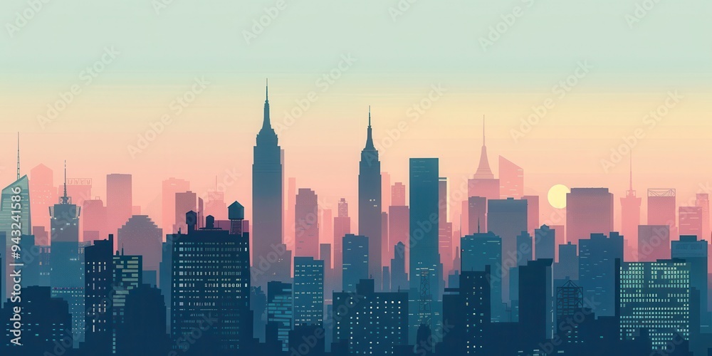 Obraz premium Trendy minimalistic cityscape poster depicting a vibrant skyline at sunset