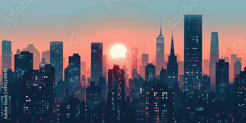 Trendy minimalistic cityscape poster showcasing a vibrant sunset over a contemporary skyline with iconic skyscrapers and urban life