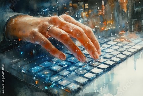 Human hand with ring using laptop in a high-tech city photo