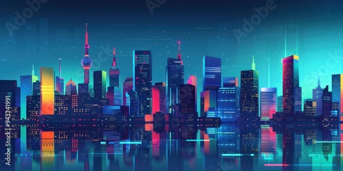 Wallpaper Mural The artwork features a stylized city skyline filled with colorful buildings illuminated by bright lights Torontodigital.ca