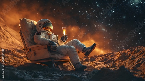 Obraz na płótnie Astronaut Relaxing with a Drink in Space w salonie