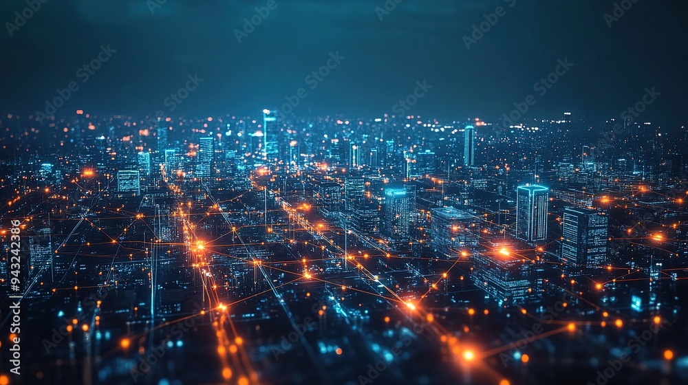 Fototapeta premium Smart city and communication wireless network 5G. Rounded abstract cityscape network connection, internet and global connection concept. copy space for text.