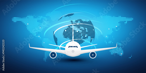 Traveling Around the World - Air Transportation Concept, Travel by Airplane - Blue World Map and Earth Globe Design with Front View of a Big Airplane
