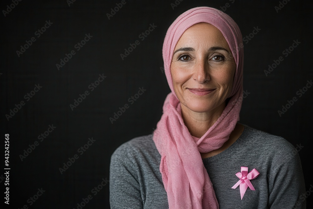 Breast Cancer Survivor Portrait: A strong, confident woman who is a breast cancer survivor, smiling warmly at the camera. She is wearing a pink headscarf, symbolizing her journey through chemotherapy, Breast Cancer Survivor Portrait: A strong, confident woman who is a breast cancer survivor, smiling warmly at the camera. She is wearing a pink headscarf, symbolizing her journey through chemotherapy,