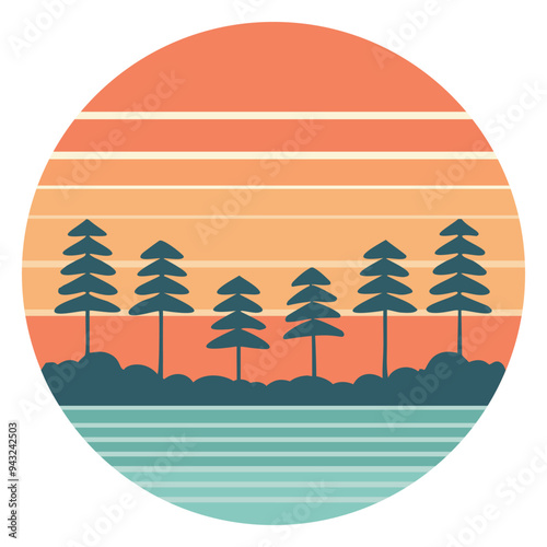 Retro Style Sunset Illustration: A Minimalist Forest Silhouette Colored in Orange and Teal